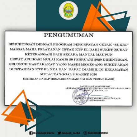 Disdukcapil Bantul Hentikan Pelayanan Cetak KTP-El Dari Suket